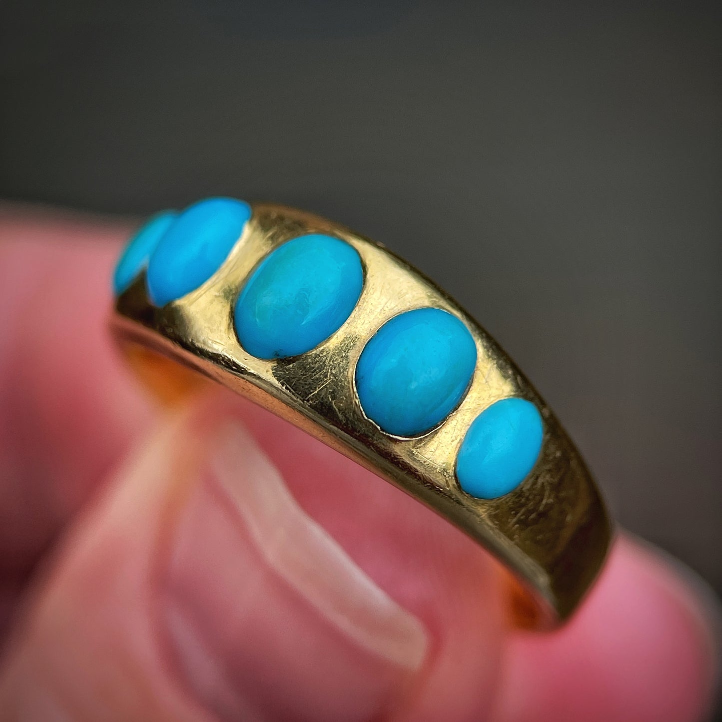 18ct Gold Antique Victorian Turquoise 5 Stone Gypsy Ring size S1 /2 HEAVY 6.8g