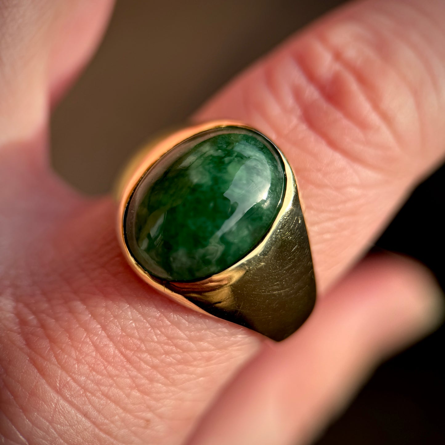 Large 18ct Gold Gents Mens Jade Solitaire Signet Ring 11.2g Size Y