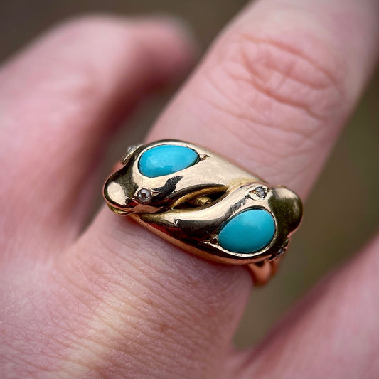 18CT Gold Antique Victorian (1878) Turquoise Diamond Snake Ring 11.6 grams