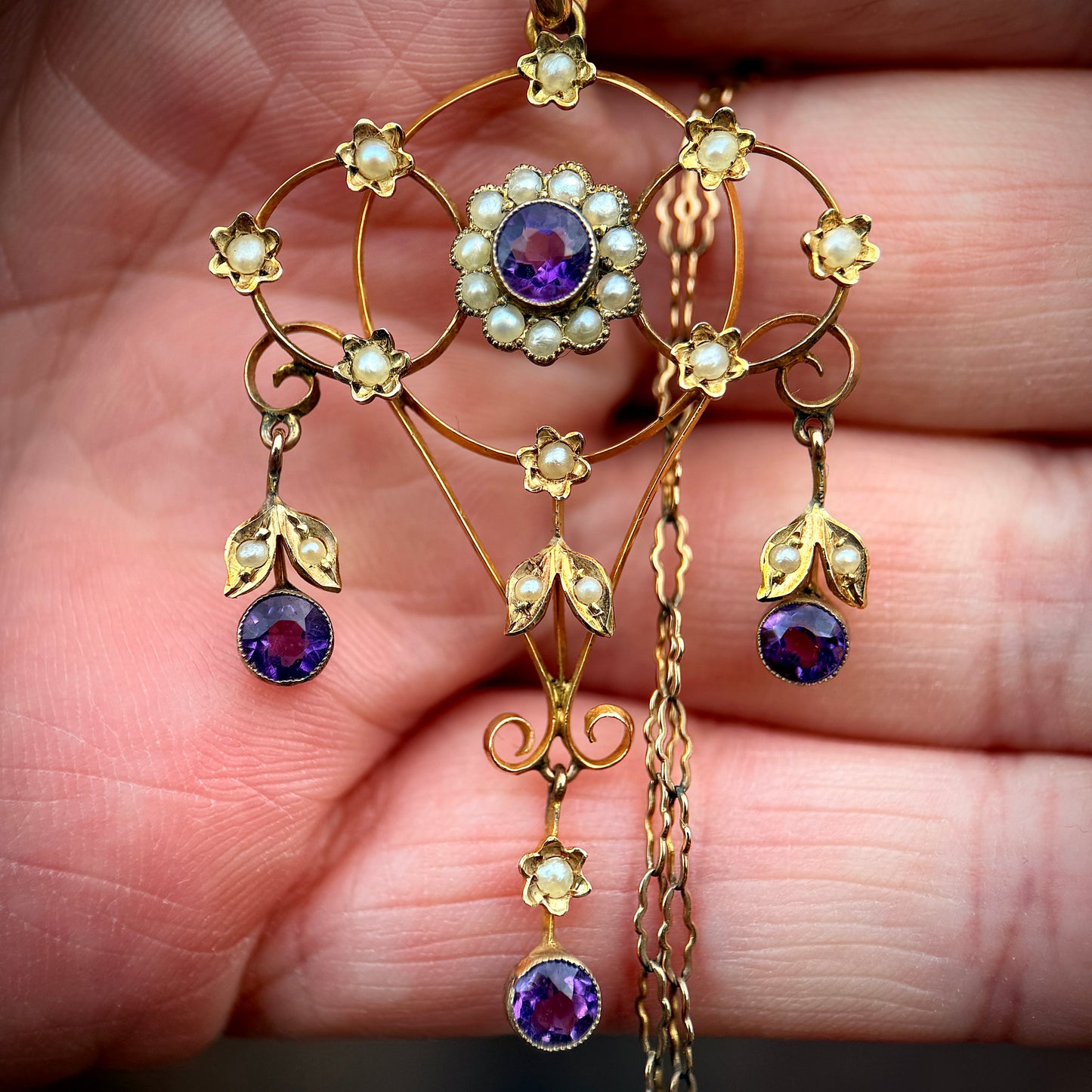 Edwardian 9ct Yellow Gold, Seed Pearl & Amethyst Lavalier Drop Pendant Antique