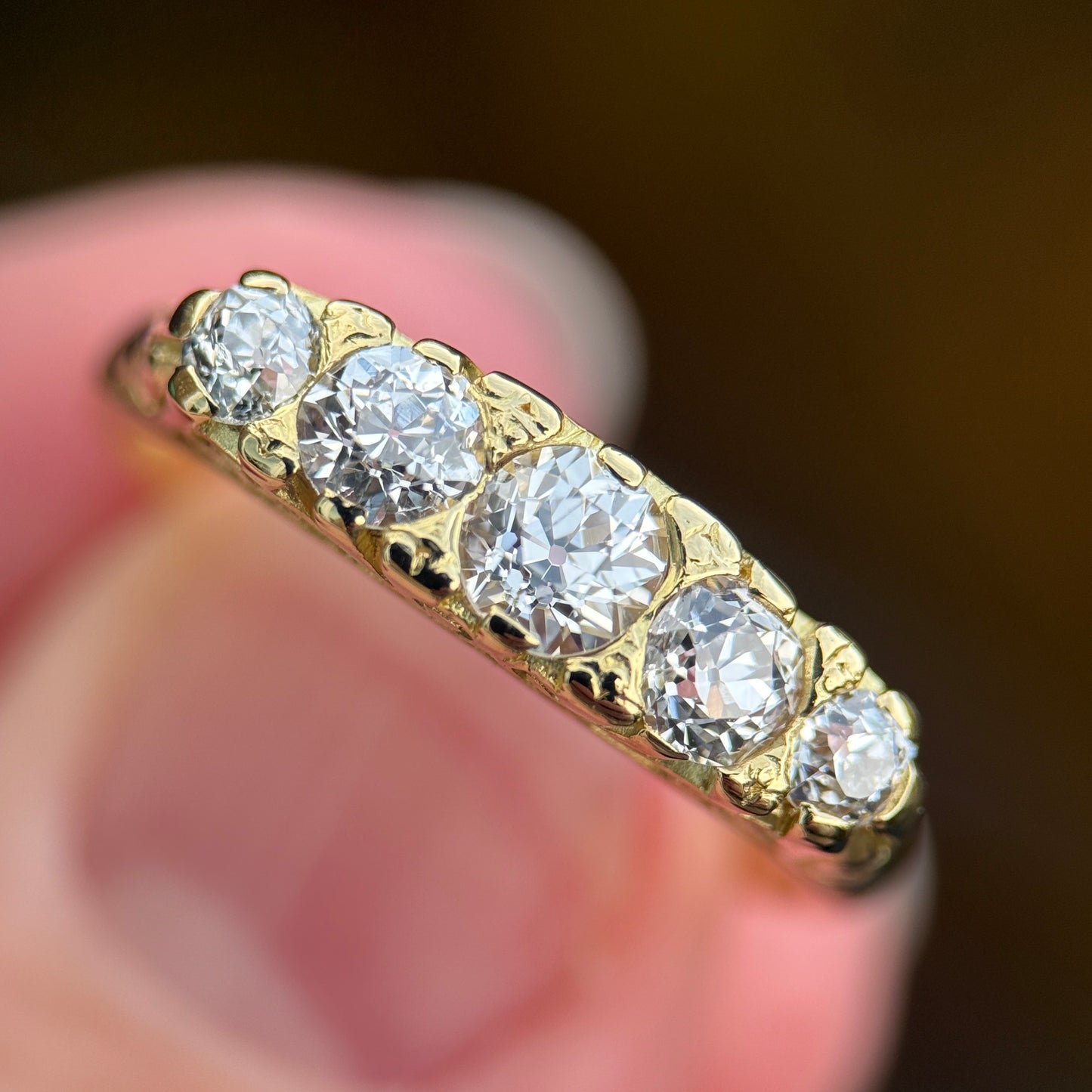 18ct Gold 1.10CT Old Cut Diamond Five Stone Ring Size Q 1/2 4.5 grams