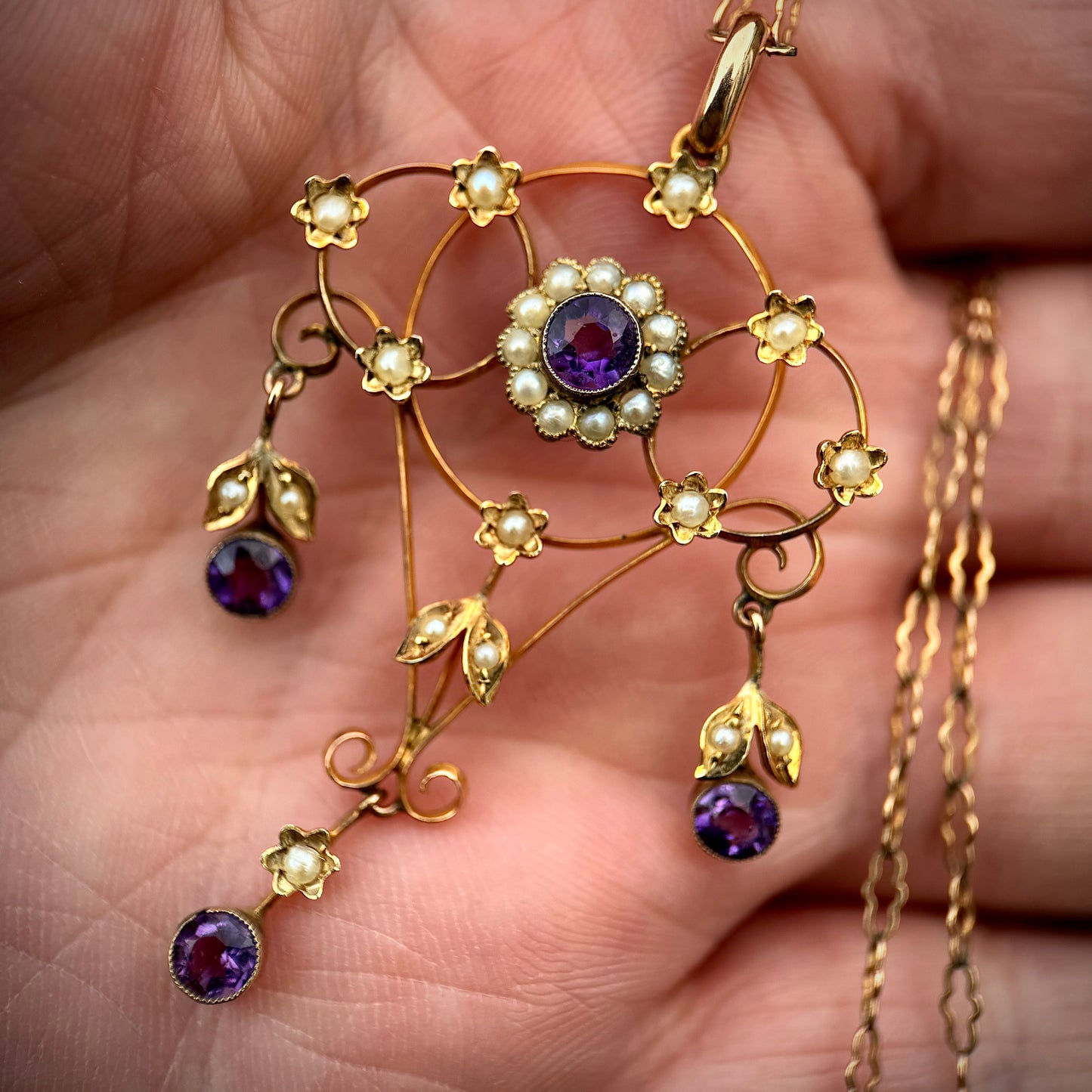 Edwardian 9ct Yellow Gold, Seed Pearl & Amethyst Lavalier Drop Pendant Antique