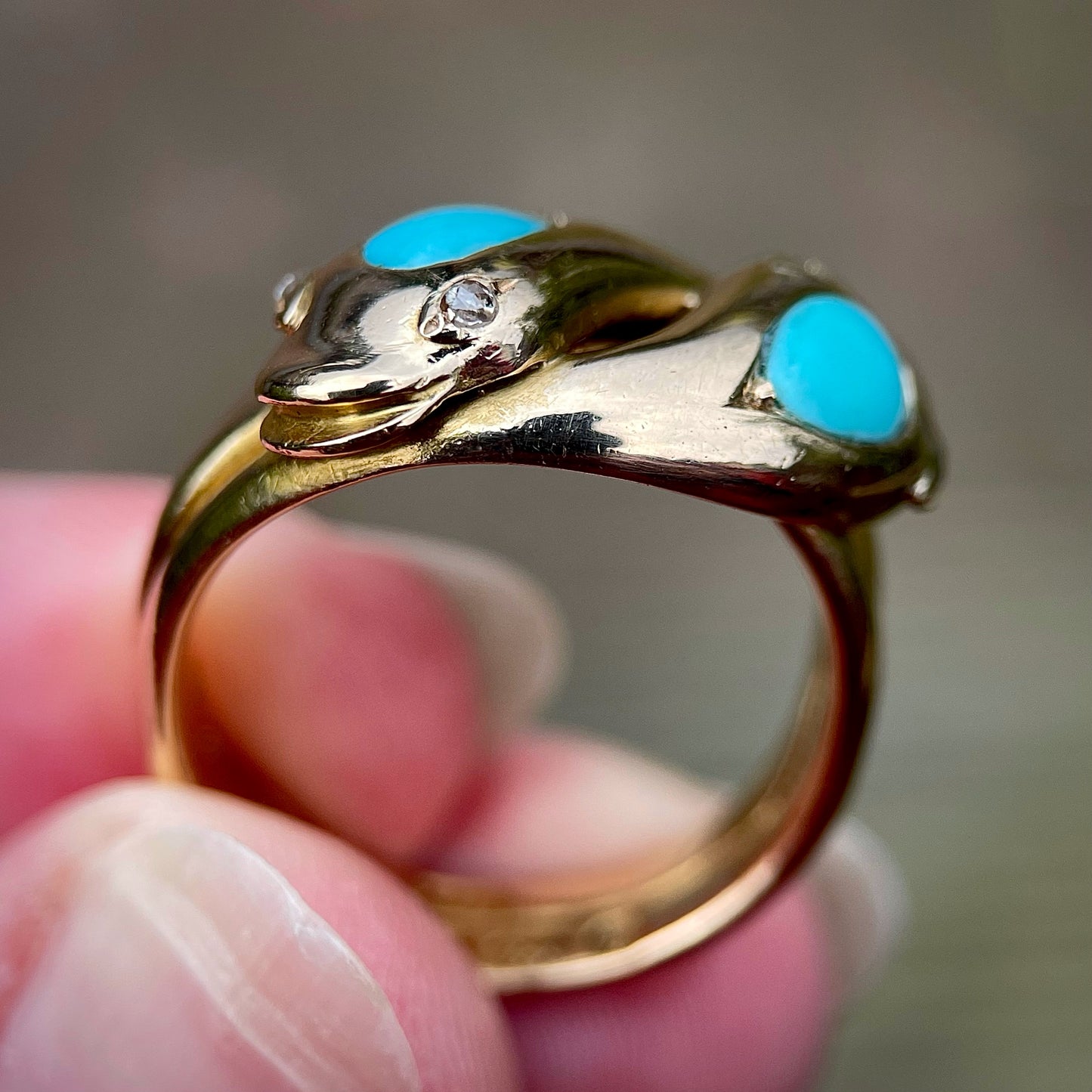 18CT Gold Antique Victorian (1878) Turquoise Diamond Snake Ring 11.6 grams