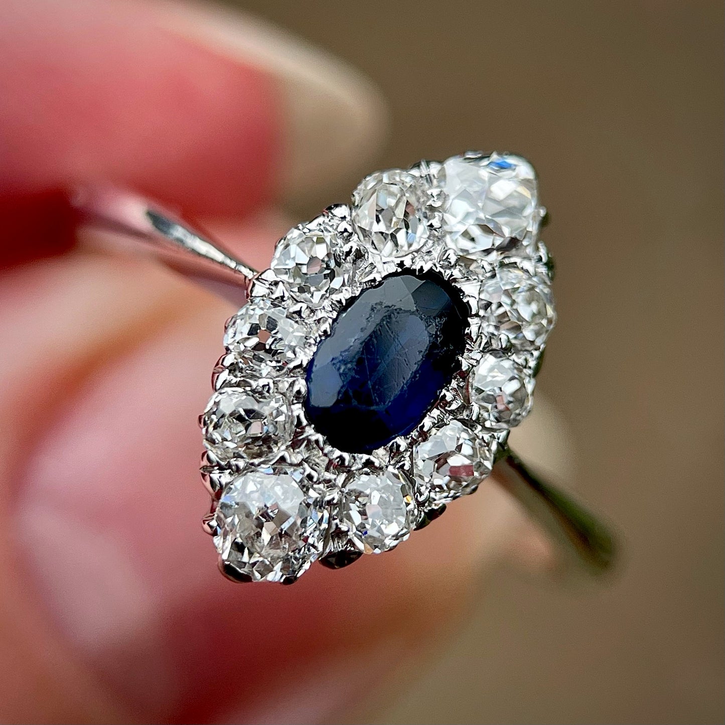 Antique Sapphire & 0.70ct Old Cut Diamond 18CT White Gold Navette Ring