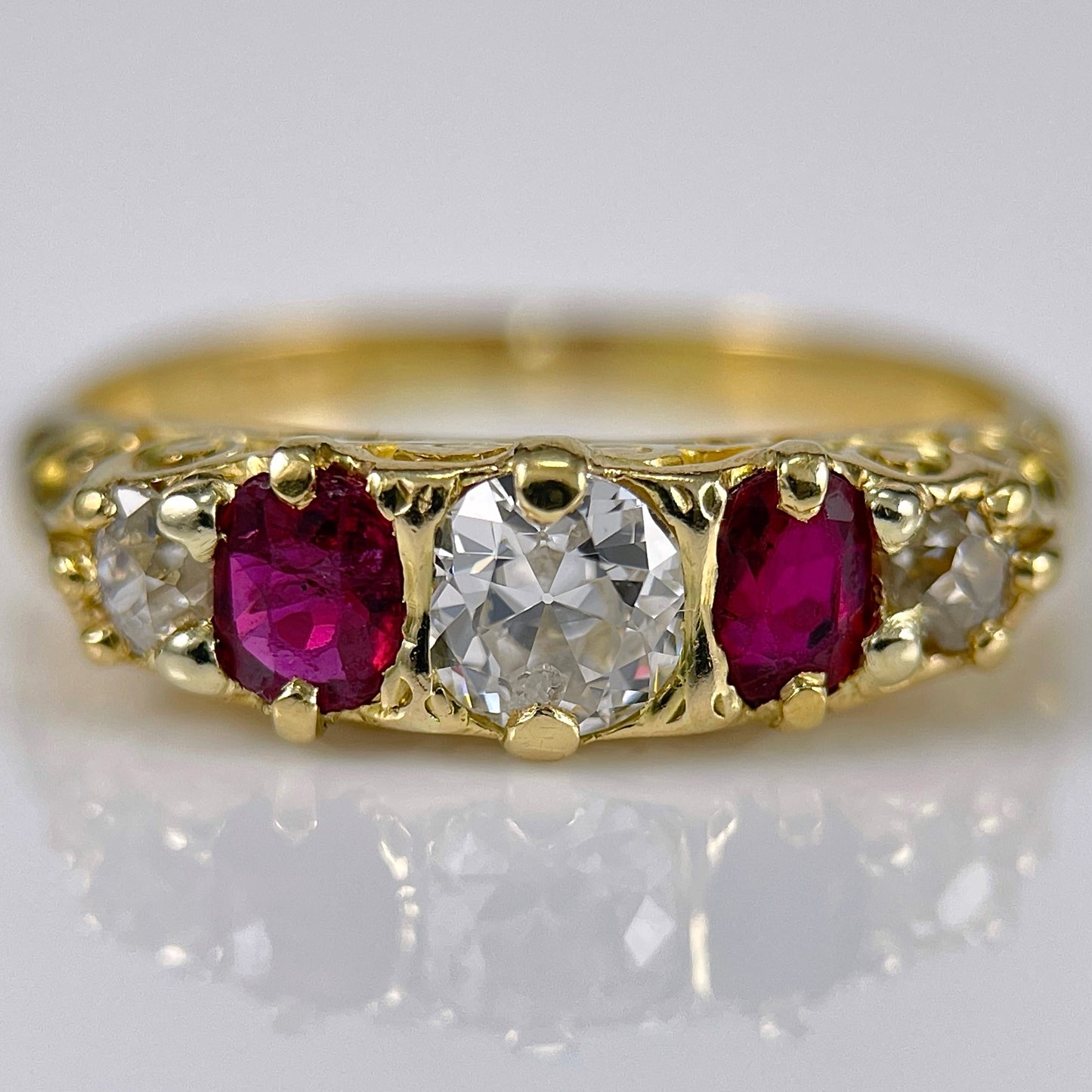 Antique Victorian Old Cut Diamond & Ruby Five 5 stone 18ct Gold Ring Size L