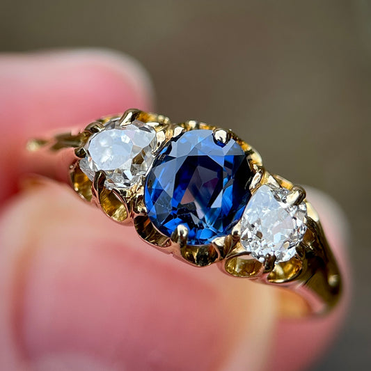 Antique Sapphire & Old Cut Diamond 3 Stone 18ct Yellow Gold Ring Size N