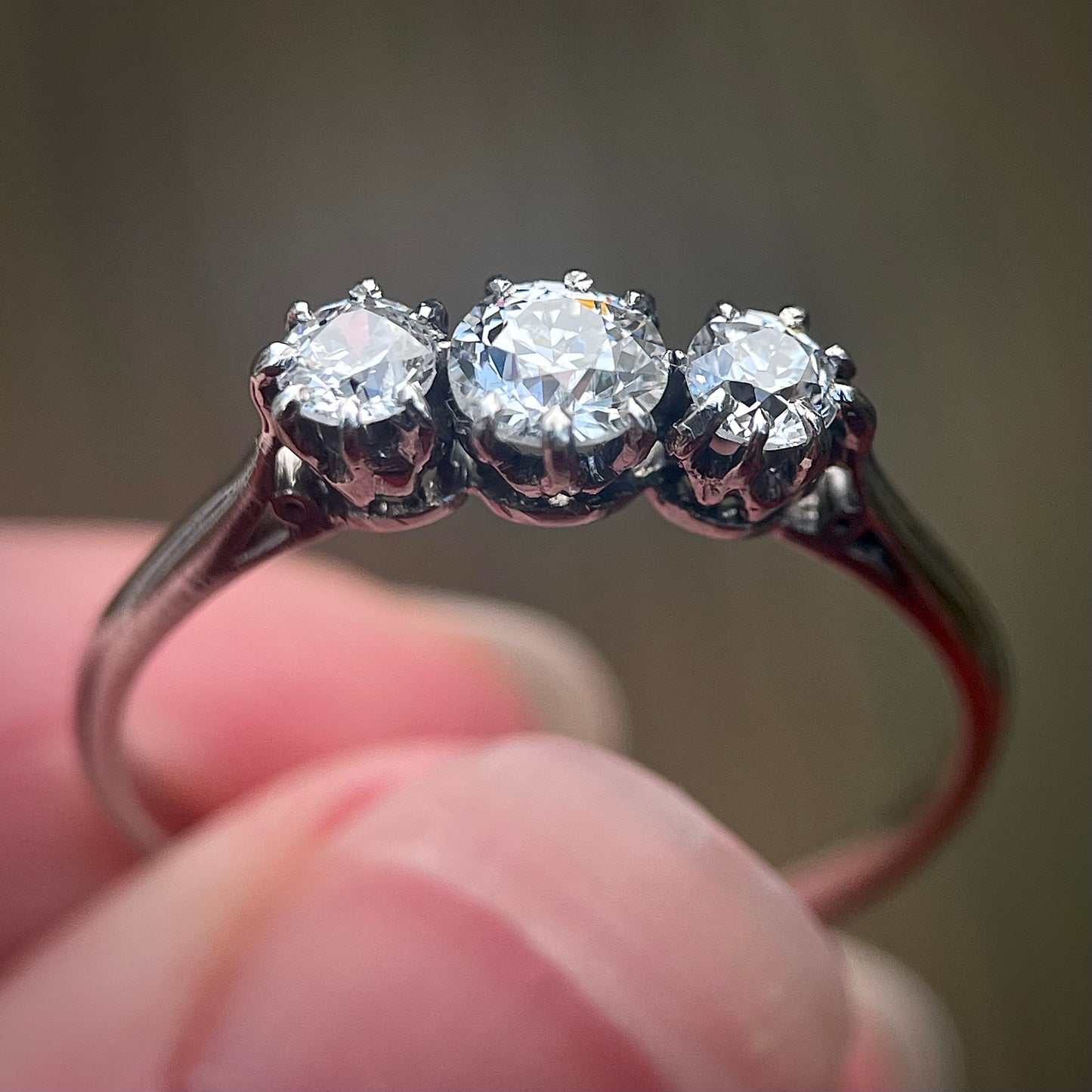 Platinum Antique 0.735ct Old Cut Diamond Three Stone Trilogy Ring size R