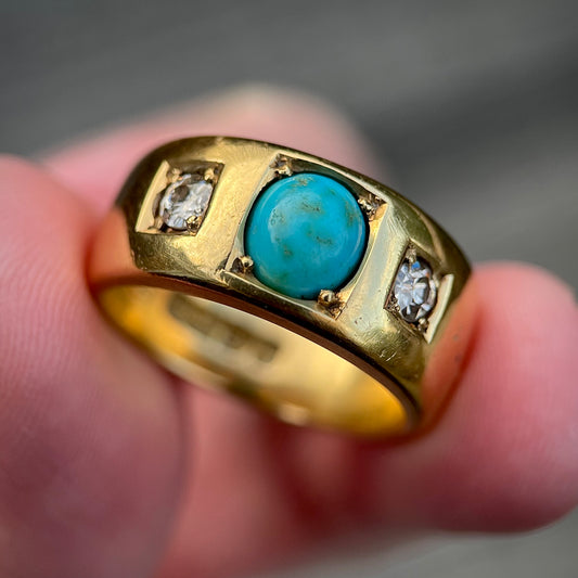 18CT Gold Antique Victorian Turquoise Old Cut Diamond 3 Stone Gypsy Ring 15.8g