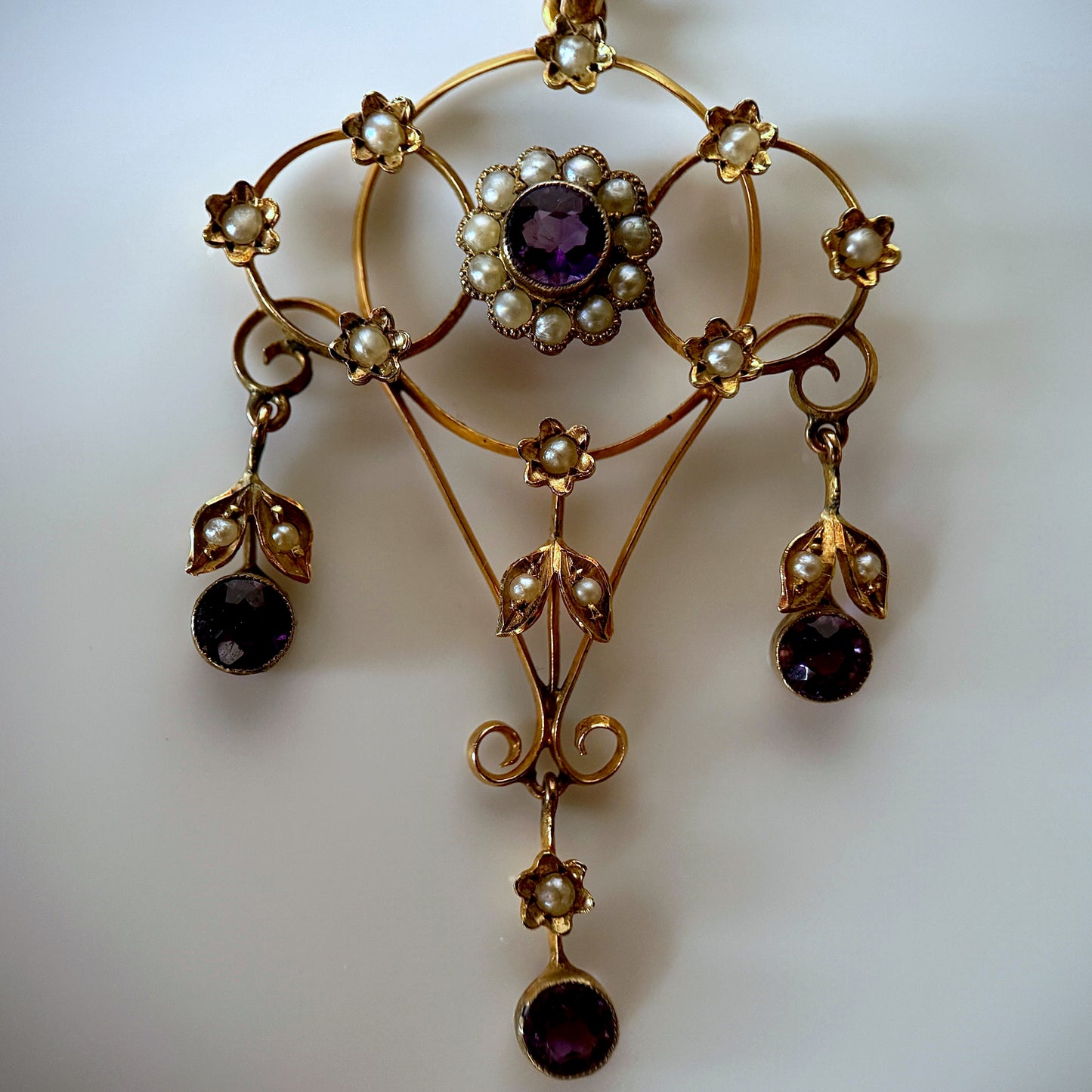 Edwardian 9ct Yellow Gold, Seed Pearl & Amethyst Lavalier Drop Pendant Antique