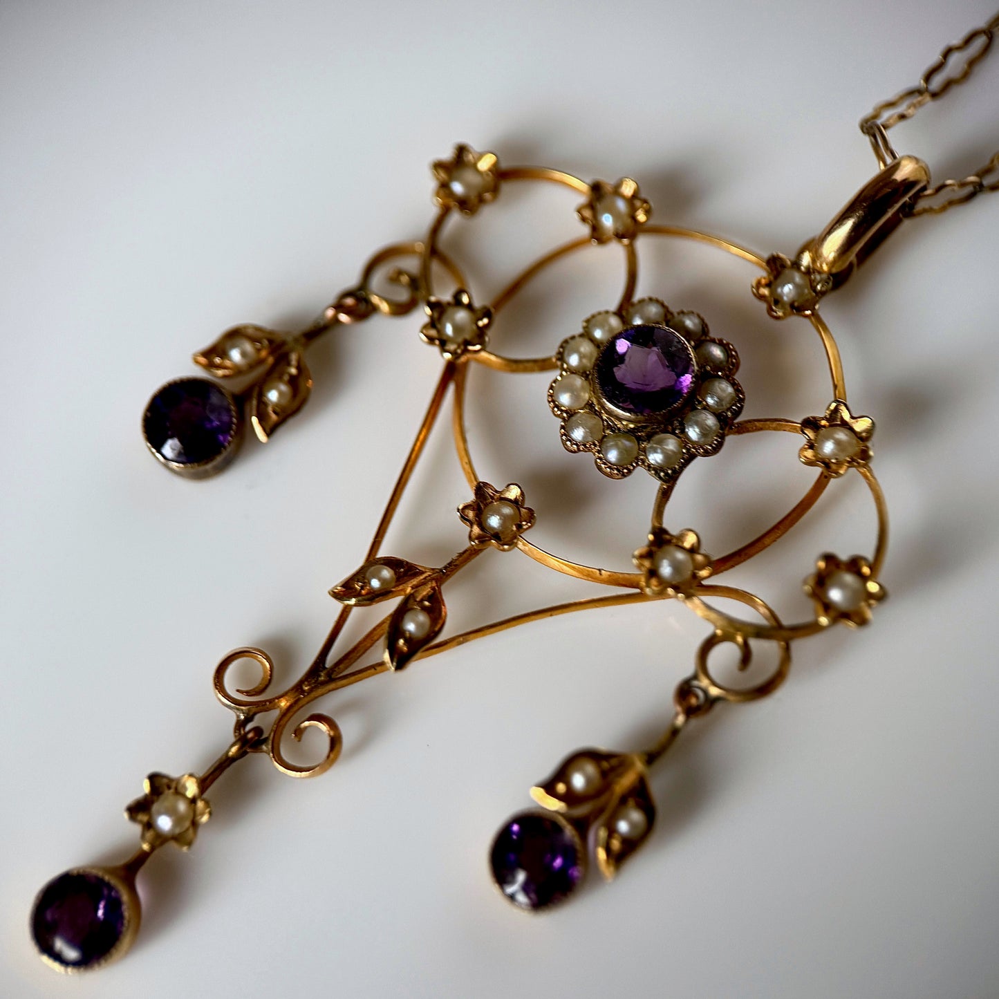 Edwardian 9ct Yellow Gold, Seed Pearl & Amethyst Lavalier Drop Pendant Antique