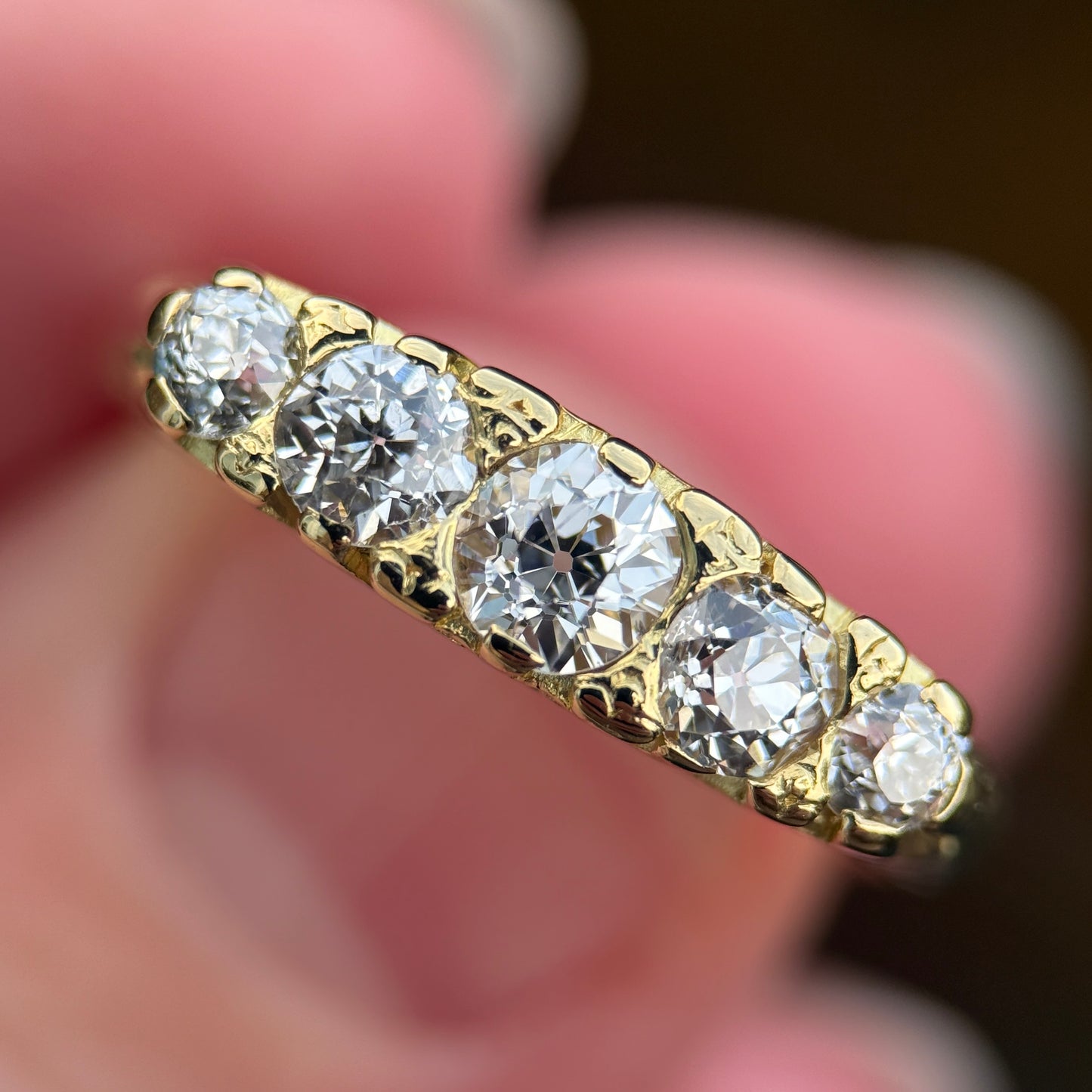 18ct Gold 1.10CT Old Cut Diamond Five Stone Ring Size Q 1/2 4.5 grams