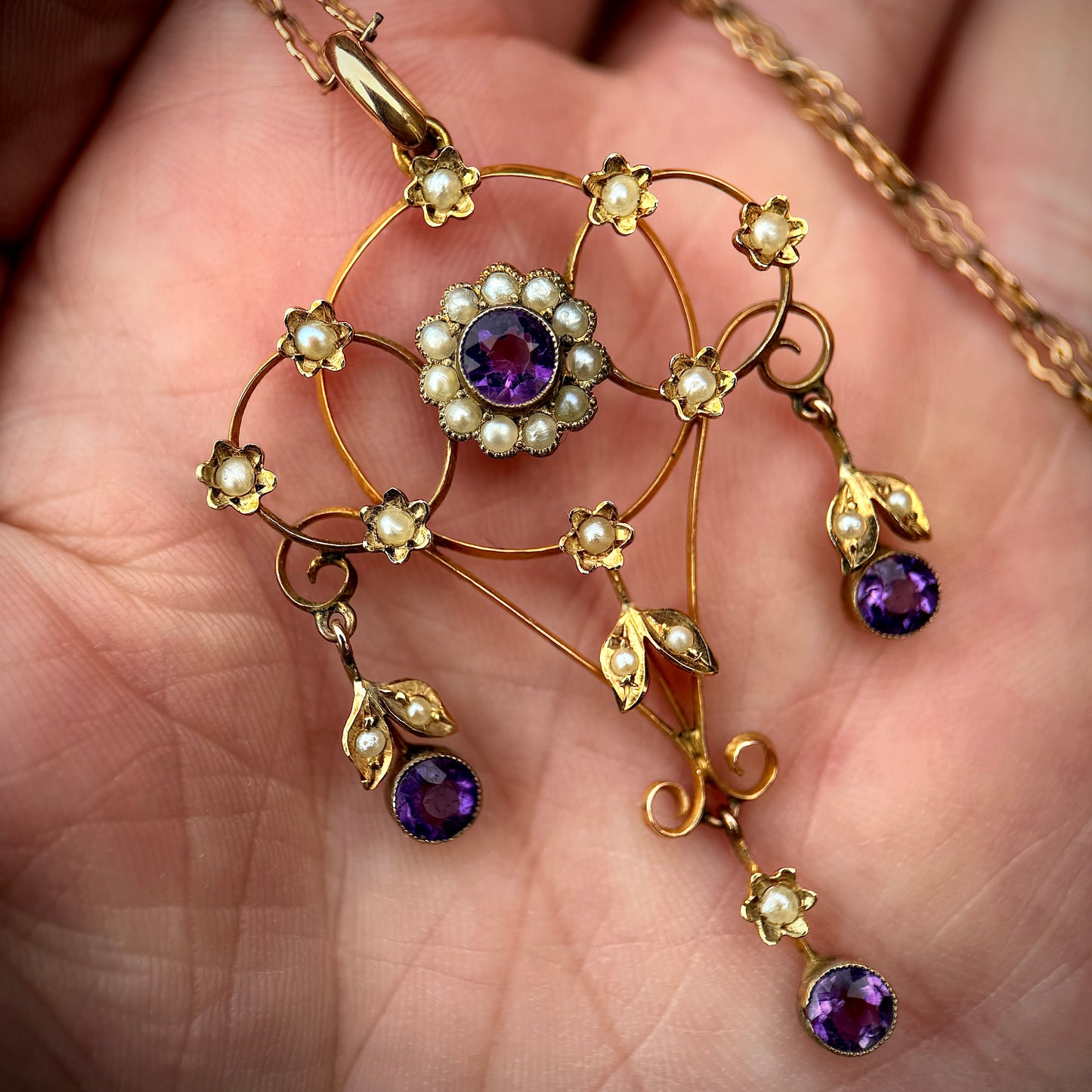 Edwardian 9ct Yellow Gold, Seed Pearl & Amethyst Lavalier Drop Pendant Antique