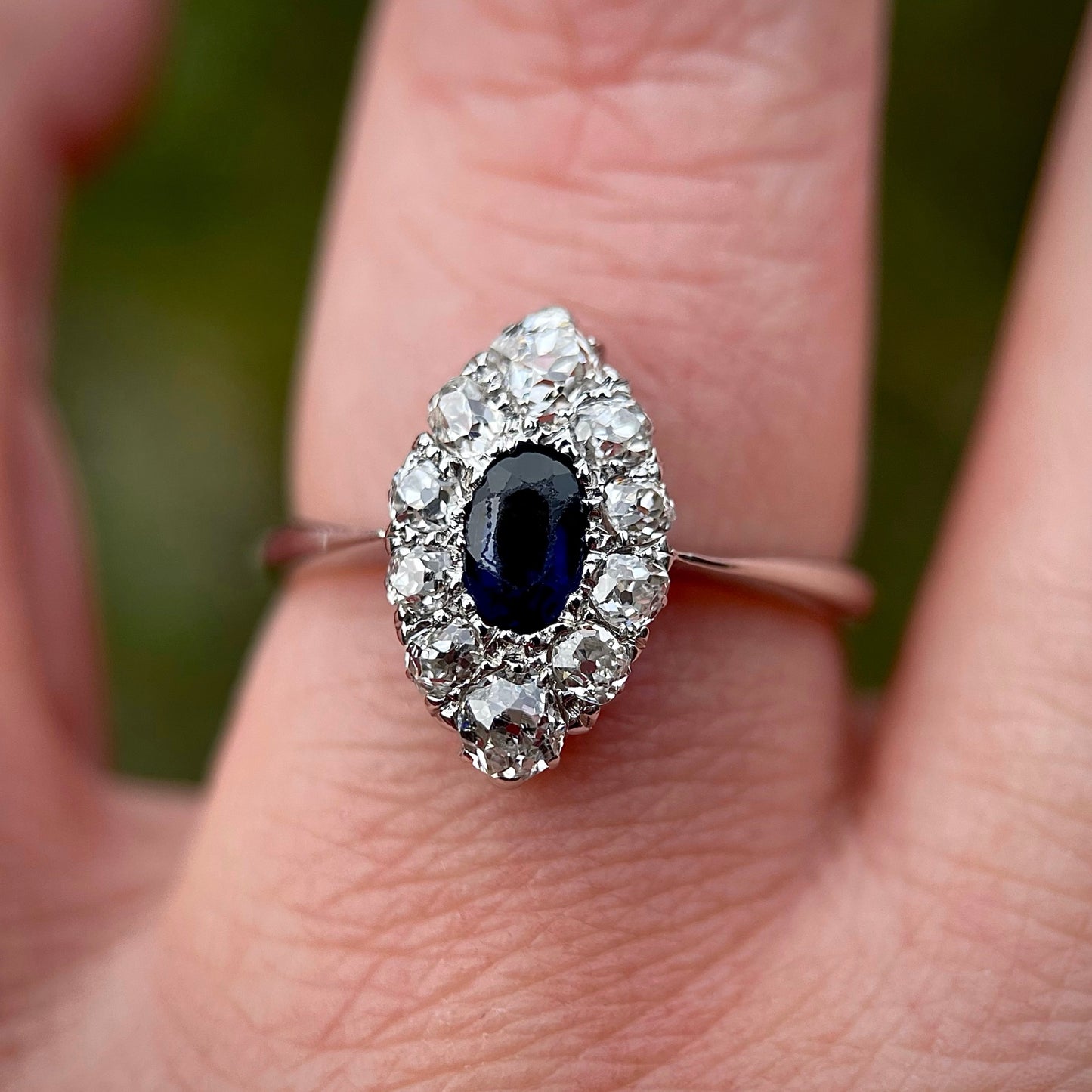 Antique Sapphire & 0.70ct Old Cut Diamond 18CT White Gold Navette Ring