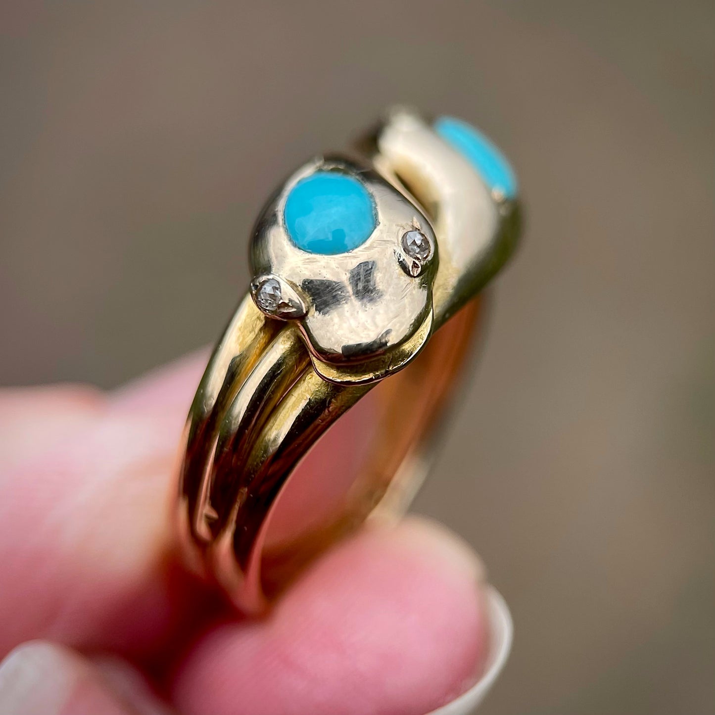 18CT Gold Antique Victorian (1878) Turquoise Diamond Snake Ring 11.6 grams