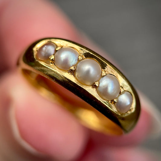 Heavy 18CT Gold Antique Pearl five stone half hoop gypsy ring 7.4g Size R 1/2