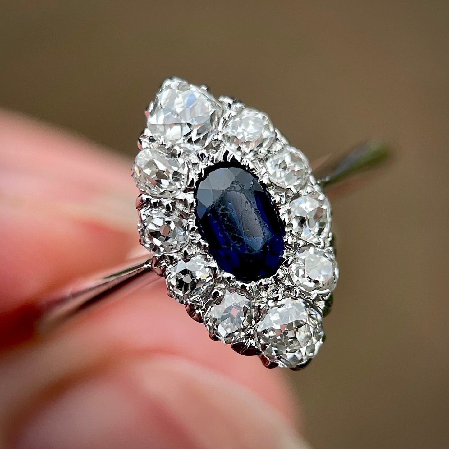 Antique Sapphire & 0.70ct Old Cut Diamond 18CT White Gold Navette Ring