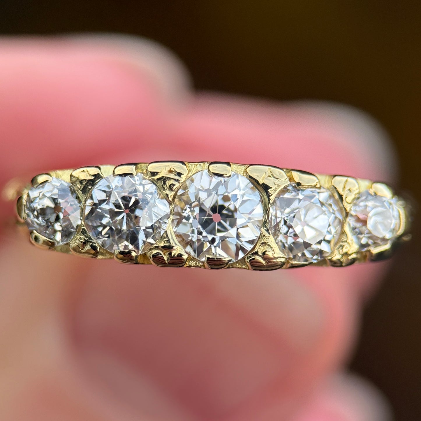 18ct Gold 1.10CT Old Cut Diamond Five Stone Ring Size Q 1/2 4.5 grams