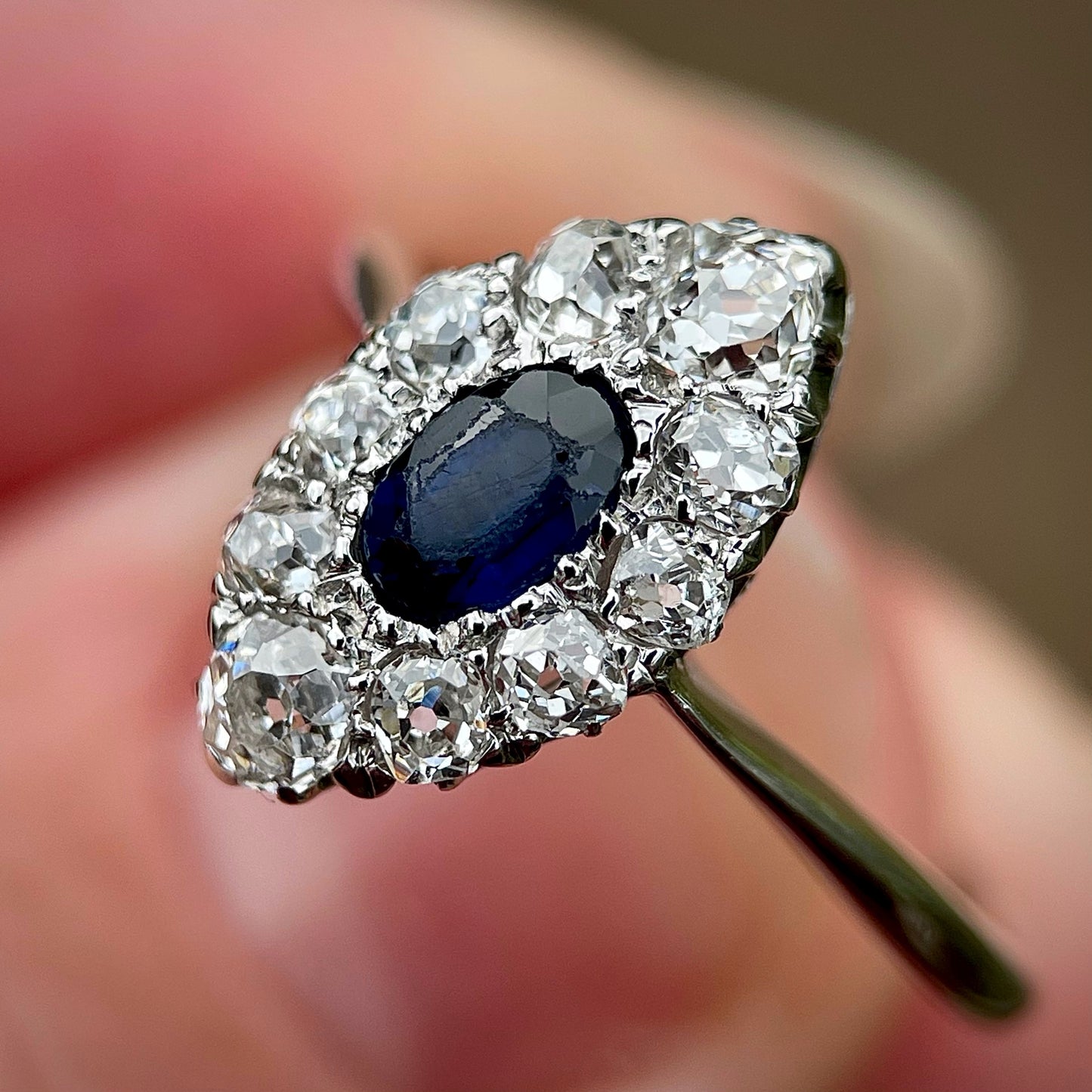 Antique Sapphire & 0.70ct Old Cut Diamond 18CT White Gold Navette Ring