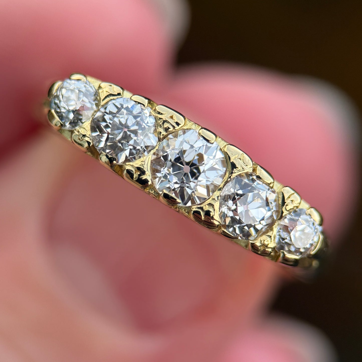 18ct Gold 1.10CT Old Cut Diamond Five Stone Ring Size Q 1/2 4.5 grams