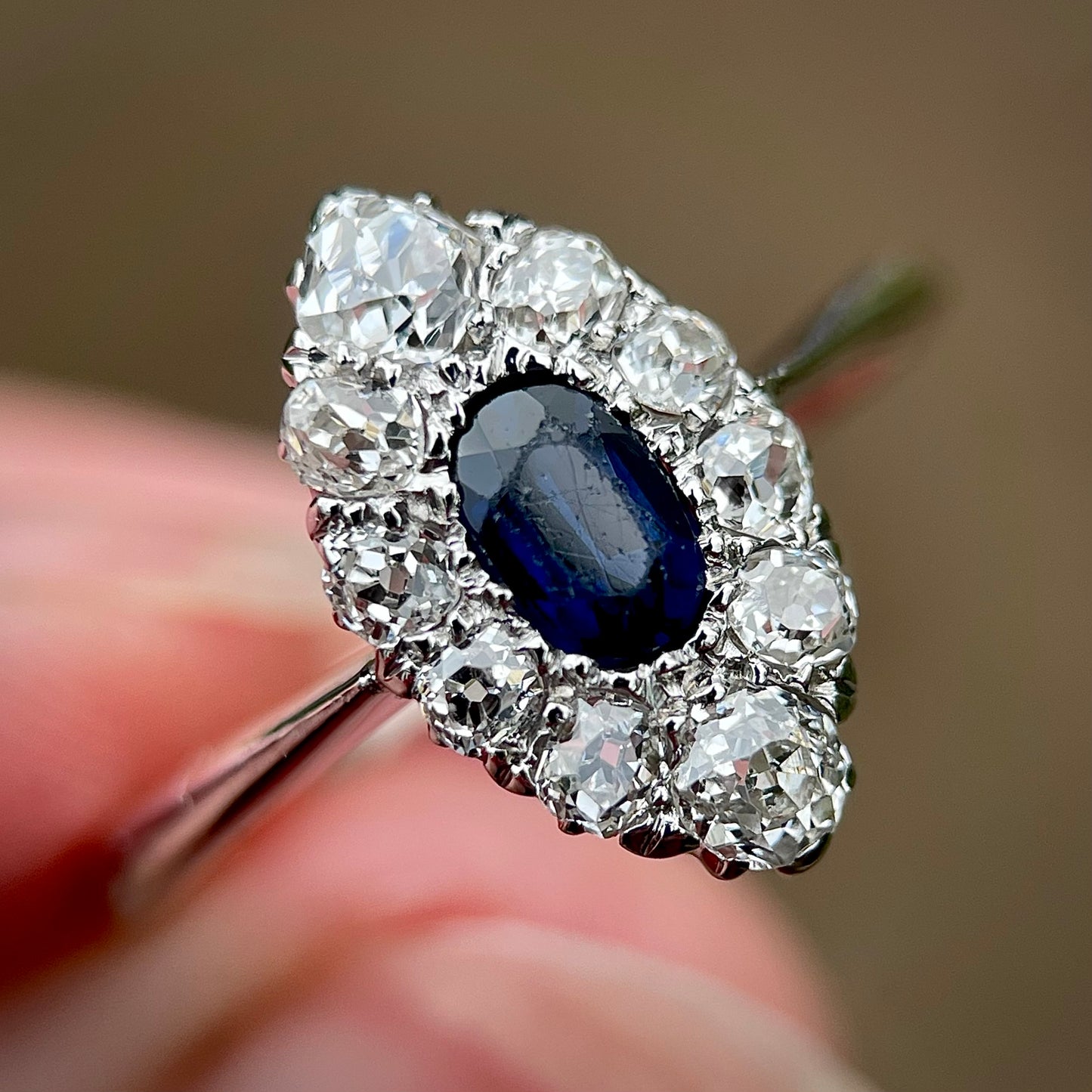 Antique Sapphire & 0.70ct Old Cut Diamond 18CT White Gold Navette Ring