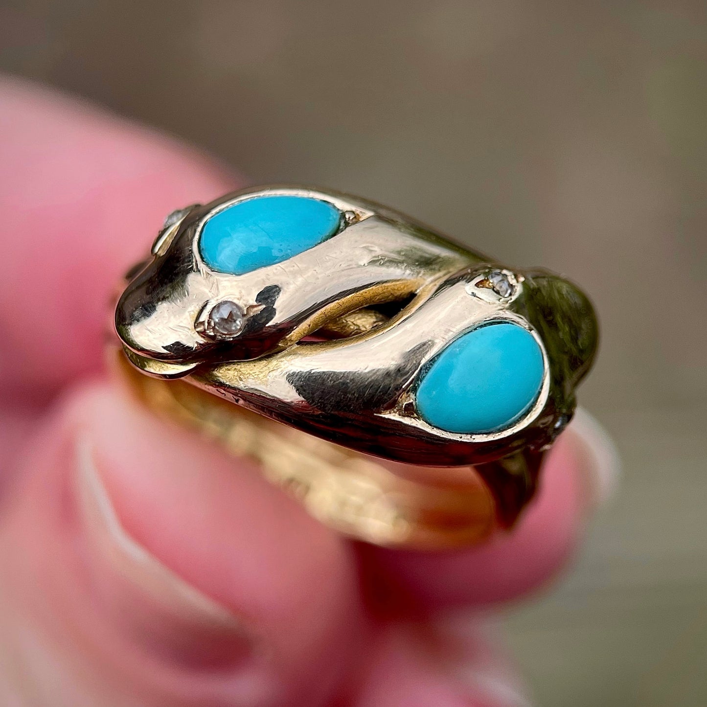 18CT Gold Antique Victorian (1878) Turquoise Diamond Snake Ring 11.6 grams