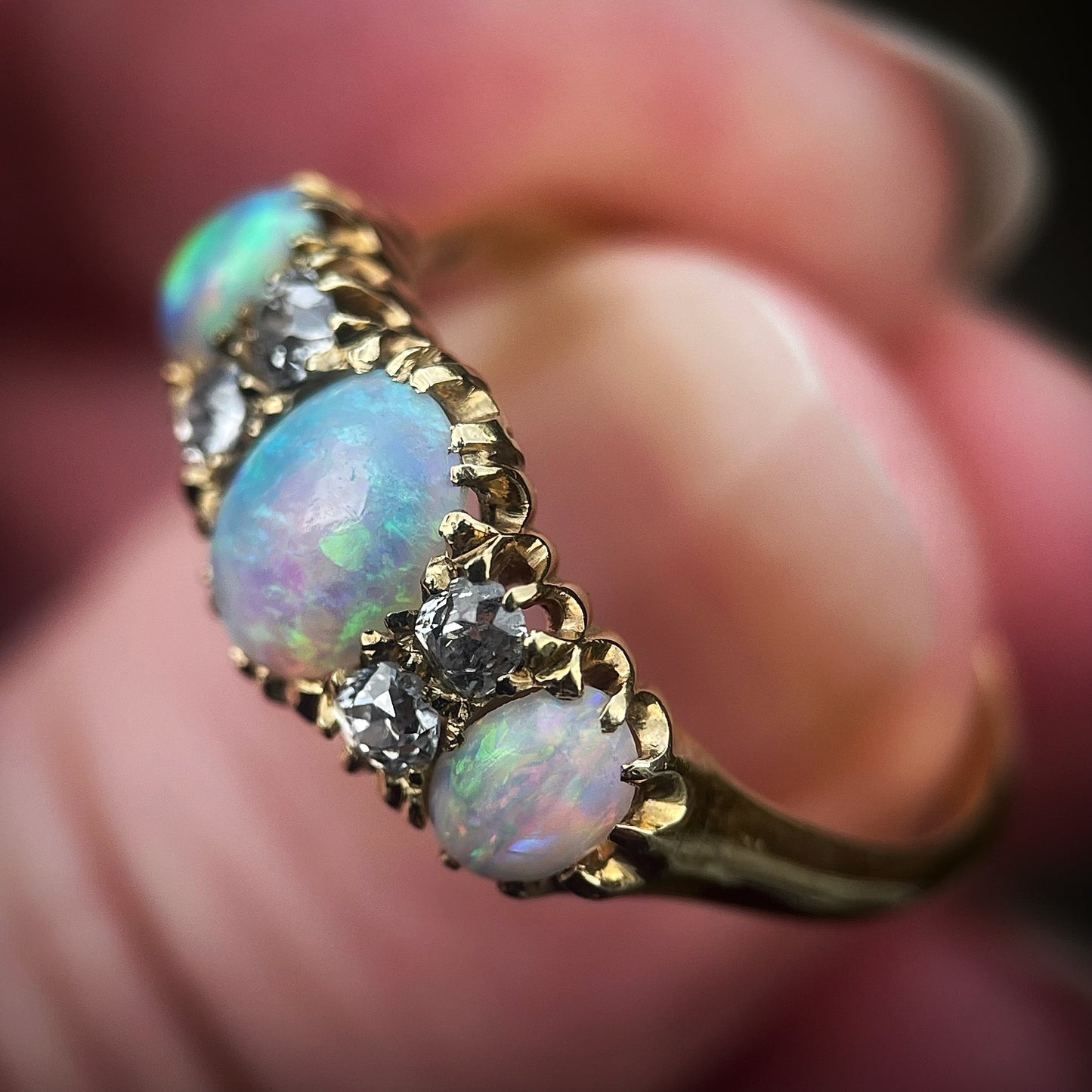 18CT Gold Large Antique Victorian Fiery Crystal Opal & Old Cut Diamond Ring