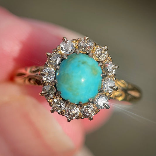 18CT Gold Antique Victorian Turquoise & 0.48ct Old Cut Diamond Cluster Ring