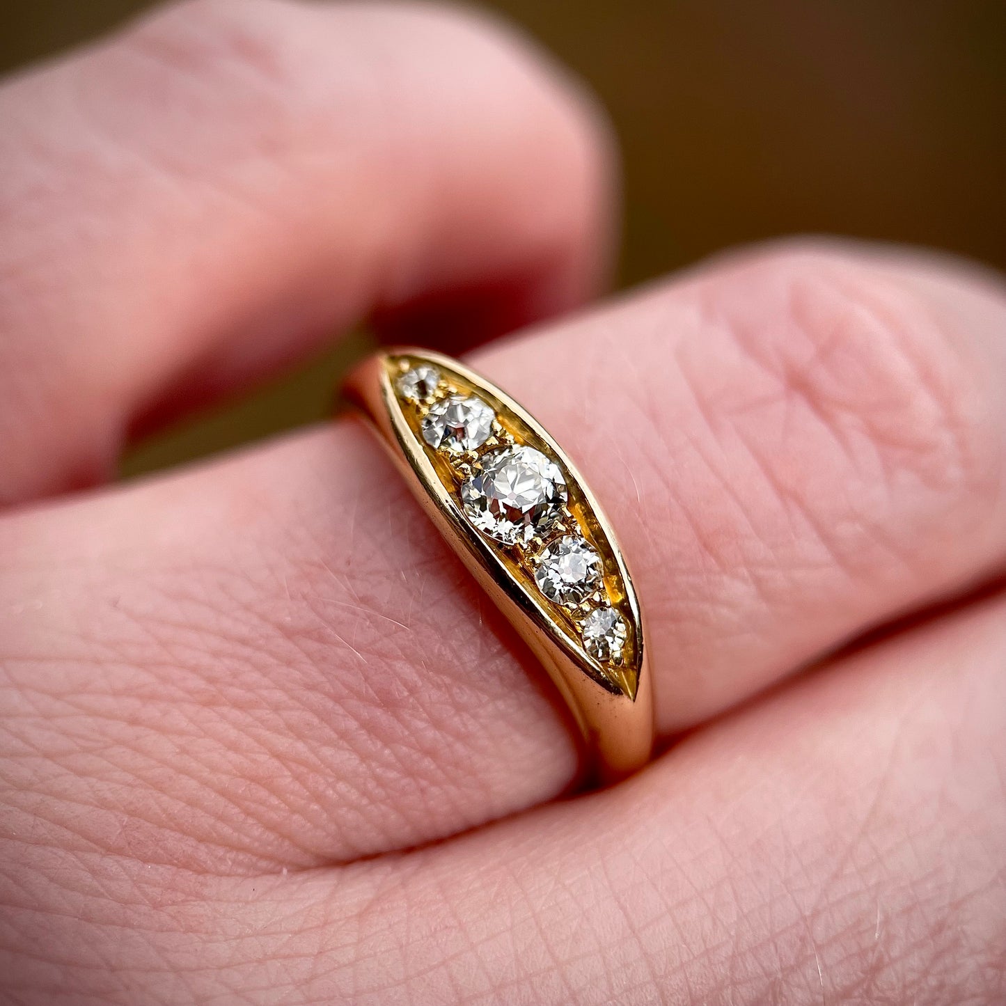 18ct Gold Antique Old Cut Diamond Five Stone Gypsy Boat Ring