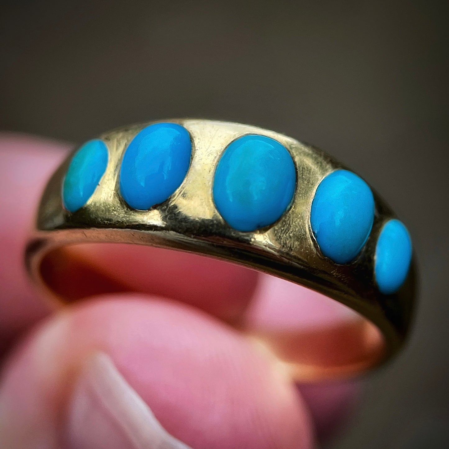 18ct Gold Antique Victorian Turquoise 5 Stone Gypsy Ring size S1 /2 HEAVY 6.8g