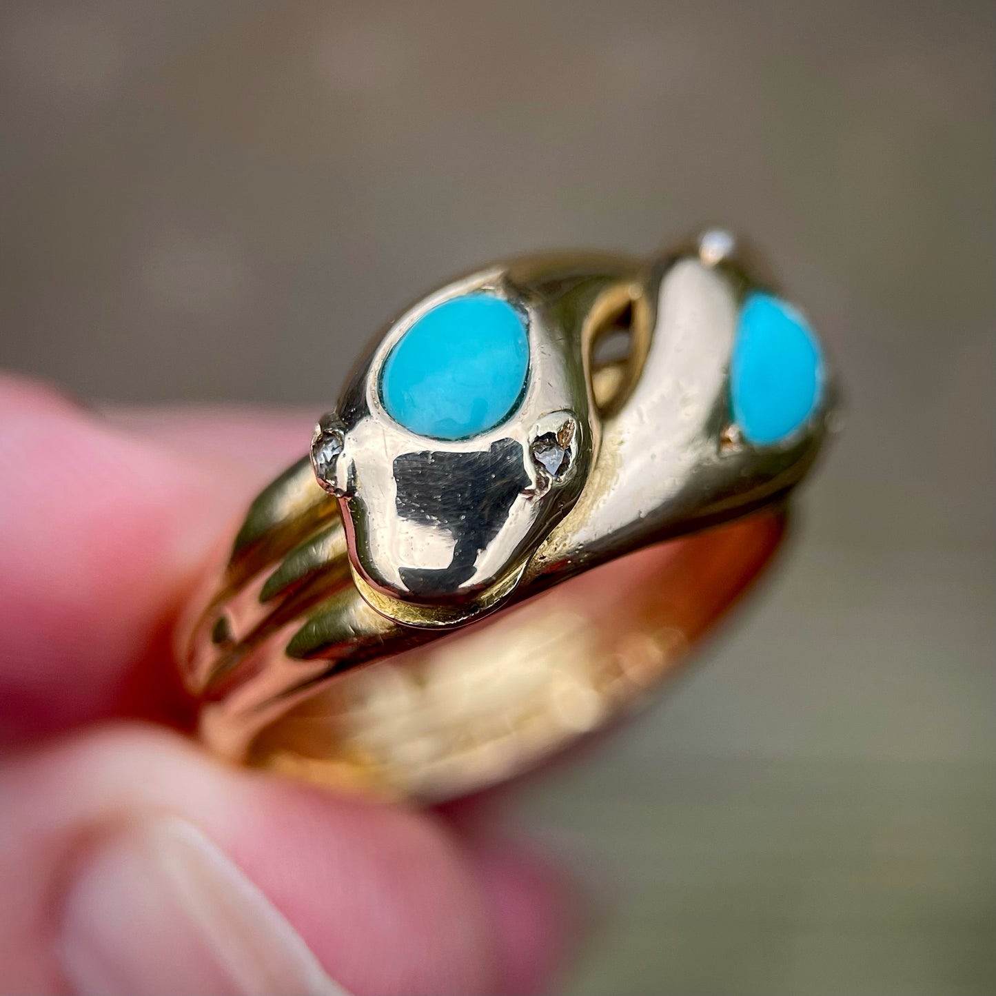 18CT Gold Antique Victorian (1878) Turquoise Diamond Snake Ring 11.6 grams