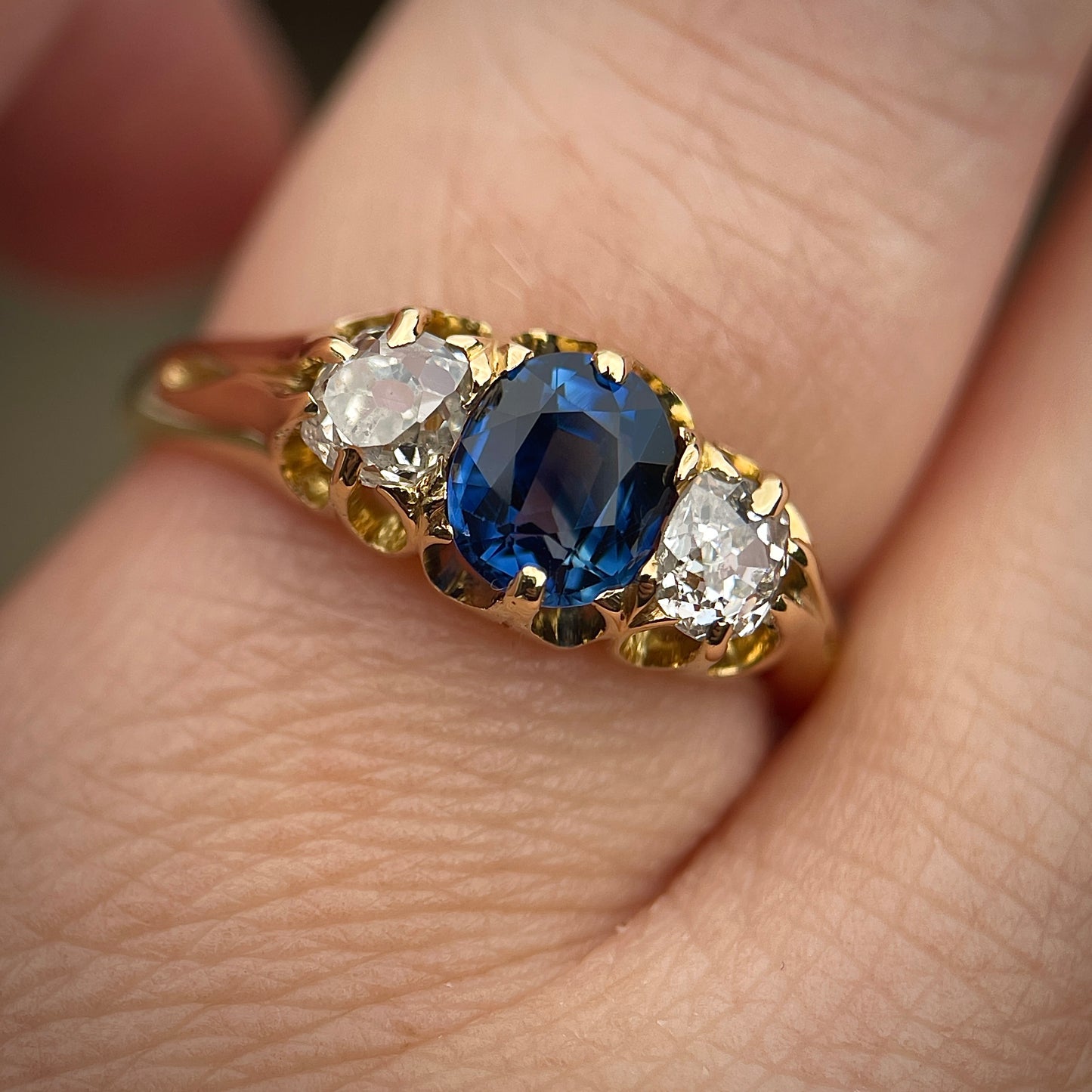 Antique Sapphire & Old Cut Diamond 3 Stone 18ct Yellow Gold Ring Size N