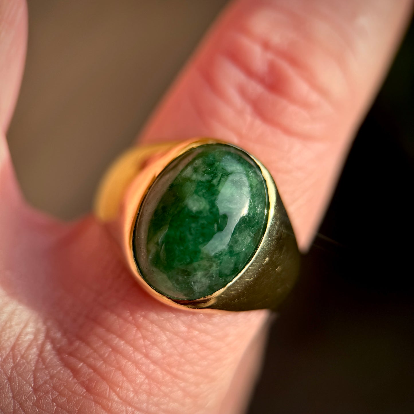 Large 18ct Gold Gents Mens Jade Solitaire Signet Ring 11.2g Size Y